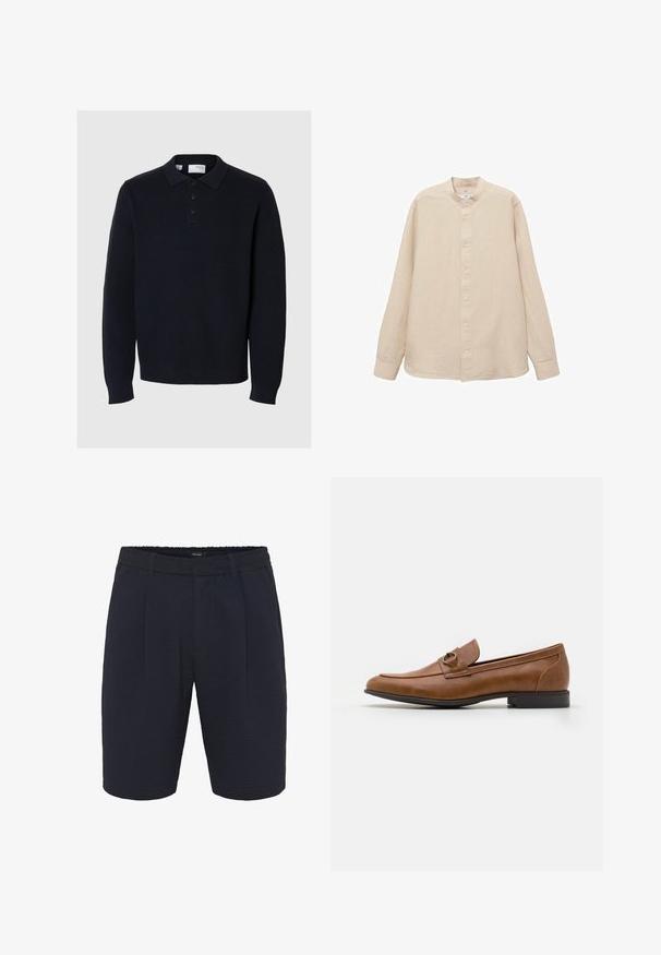 Pulover v mornarsko modri barvi, pleten z polo ovratnikom, štirimi gumbi in dolgimi rokavi. Ima rebrasto teksturo in ravni rob.; Polo z dolgimi rokavi, bež lan z mandarin ovratnikom, sprednjim gumbom in ravnim robom; gladka tekstura in lahka zasnova.; Mornarice pletene hlače iz teksturiranega materiala, z sproščenim krojem, elastiko v pasu in sprednjimi gubami. Preprost dizajn brez žepov.; Rjave usnjene loafers z ravnim peto, ki imajo dekorativen kovinski naglas spredaj, elegantno oblikovanje in gladko teksturo.