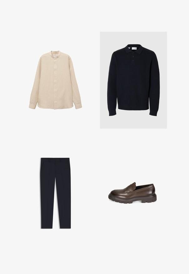Marineblauwe gebreide pullover met een polo kraag, vierknops sluiting en lange mouwen. Heeft een ribbelstructuur en een rechte zoom.; Langsleeve, beige linnen overhemd met een mandarin kraag, knoopsluiting aan de voorkant en rechte zoom; gladde textuur en lichtgewicht ontwerp.; Marineblauwe broek met een getailleerde pasvorm, voorzien van twee voorkruiden, een vlakke voorkant en een gladde textuur. Geen zichtbare patronen of versieringen.; Desa Instappers - brown