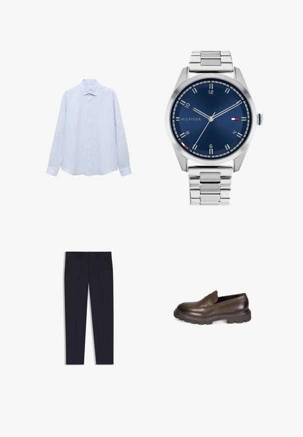 Marineblauwe gebreide pullover met een polo kraag, vierknops sluiting en lange mouwen. Heeft een ribbelstructuur en een rechte zoom.; Lichtblauw shirt met lange mouwen en knoopsluiting, gemaakt van een textuurstof. Heeft een klassieke kraag en een rechte snit met een iets afgeronde onderkant.; Marineblauwe broek met een getailleerde pasvorm, voorzien van twee voorkruiden, een vlakke voorkant en een gladde textuur. Geen zichtbare patronen of versieringen.; Desa Instappers - brown; Zilveren metalen horloge met een geborstelde blauwe wijzerplaat, witte uurmarkeringen en een datumweergave. Voorzien van een geschakelde metalen band en het logo van het merk.
