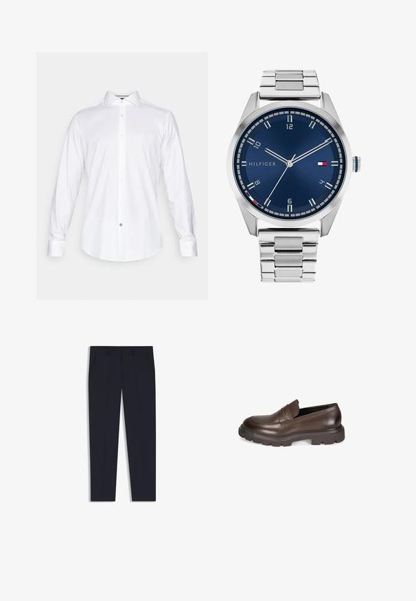 Marineblauwe gebreide pullover met een polo kraag, vierknops sluiting en lange mouwen. Heeft een ribbelstructuur en een rechte zoom.; Witte lange mouwen shirt van gladde stof, met een klassieke kraag, knoopsluiting aan de voorkant en een afgeronde zoom met een klein accentknopdetail.; Marineblauwe broek met een getailleerde pasvorm, voorzien van twee voorkruiden, een vlakke voorkant en een gladde textuur. Geen zichtbare patronen of versieringen.; Desa Instappers - brown; Zilveren metalen horloge met een geborstelde blauwe wijzerplaat, witte uurmarkeringen en een datumweergave. Voorzien van een geschakelde metalen band en het logo van het merk.