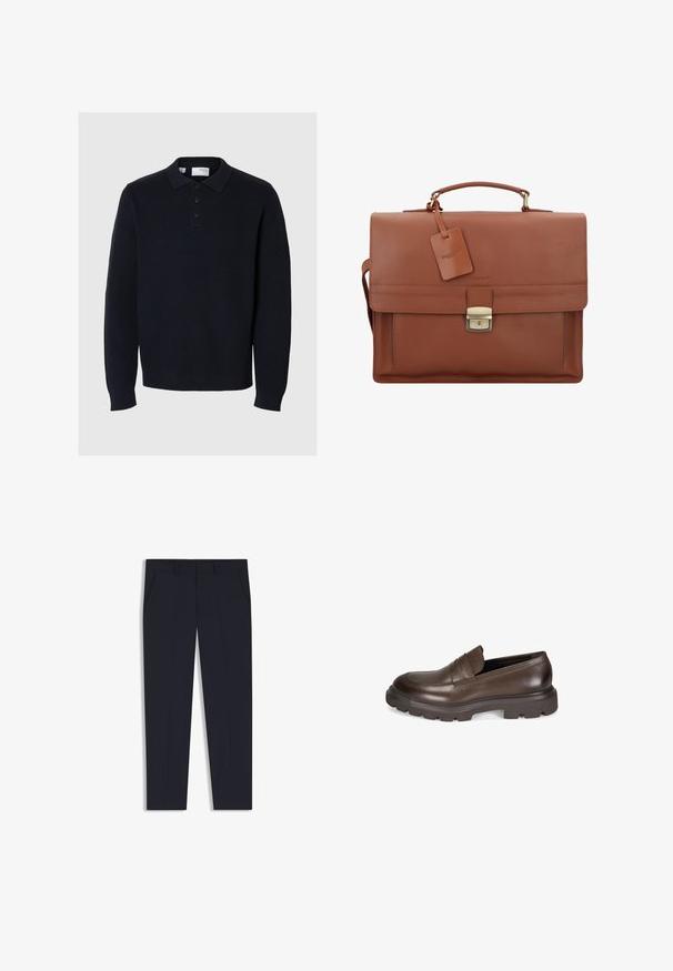 Marineblauwe gebreide pullover met een polo kraag, vierknops sluiting en lange mouwen. Heeft een ribbelstructuur en een rechte zoom.; Marineblauwe broek met een getailleerde pasvorm, voorzien van twee voorkruiden, een vlakke voorkant en een gladde textuur. Geen zichtbare patronen of versieringen.; Desa Instappers - brown; Bruine leren aktetas met een klep, bovenhandgreep, afneembare schouderband, gouden hardware en een bagagelabel met de merknaam.; Zilveren metalen horloge met een geborstelde blauwe wijzerplaat, witte uurmarkeringen en een datumweergave. Voorzien van een geschakelde metalen band en het logo van het merk.