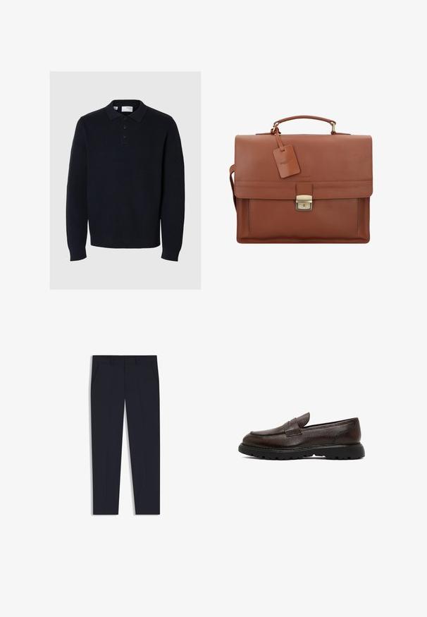 Pullover lavorato a maglia blu navy con colletto polo, pattina con quattro bottoni e maniche lunghe. Presenta una texture a coste e un orlo dritto.; Pantaloni blu navy con una vestibilità su misura, dotati di due tasche frontali, design a frontale piatto e una texture liscia. Nessun motivo o decorazione visibile.; Mocassino in pelle marrone con finitura testurizzata, punta arrotondata e suola in gomma con battistrada decorato. Design semplice senza hardware visibile.; Valigetta in pelle marrone con alette, maniglia superiore, tracolla removibile, accessori in oro e un'etichetta per bagagli con il nome del marchio.; Orologio in metallo argentato con quadrante blu spazzolato, indici bianchi e display della data. Dotato di un bracciale metallico a maglie e logo del marchio.