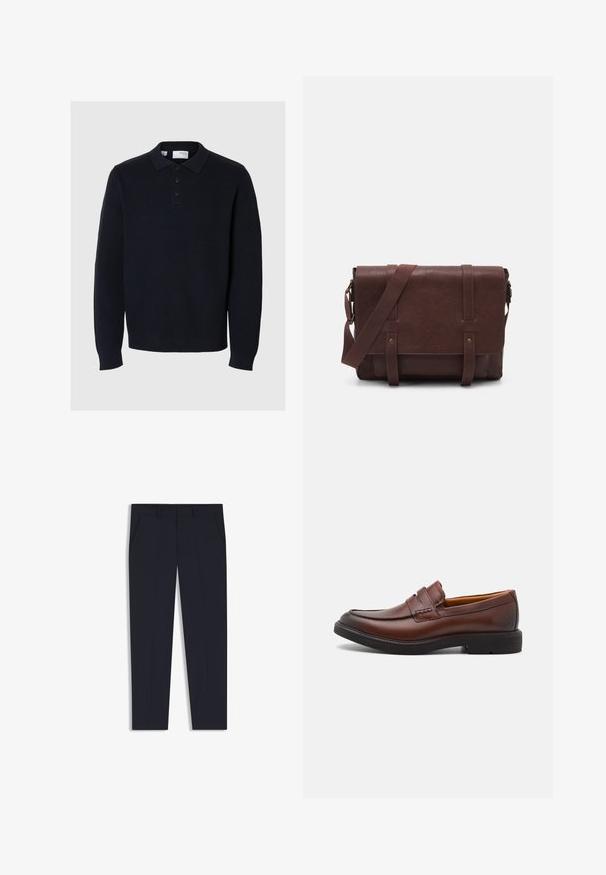Námornícky modrý pletený sveter s polokošou, zapínaním na štyri gombíky a dlhými rukávmi. Má rebrový vzor a rovný lem.; Námornícke nohavice s prispôsobeným strihom, s dvoma prednými vreckami, plochým predným dizajnom a hladkou štruktúrou. Žiadne viditeľné vzory ani ozdoby.; Hnedé kožené loafersy s okrúhlou špičkou, dekoratívnym prešívaním a čiernou gumovou podrážkou. Hladká textúra a minimálne dizajnové detaily.; Hnedá kožená messenger taška s plochým predným klopom, dvoma popruhmi, zlatými kovovými detailmi a nastaviteľným ramenným popruhom.; Strieborné kovové hodinky s brúseným modrým ciferníkom, bielymi indexmi a zobrazením dátumu. Majú prepojený kovový remienok a logo značky.
