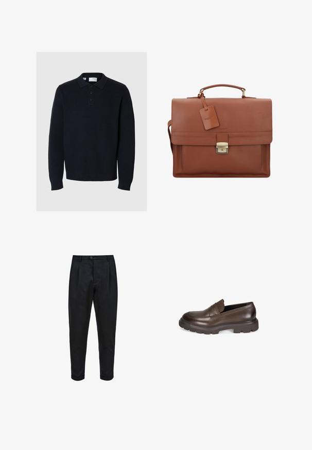 Dunkelblauer Strickpullover mit Polokragen, vierknöpfiger Knopfleiste und langen Ärmeln. Verfügt über eine gerippte Textur und einen geraden Saum.; Schwarze Hose aus einem glatten Stoff, mit einem gefalteten Vorderteil, schmalem Schnitt und umgeschlagenen Säumen. Einfache Knopfverschluss an der Taille.; Desa Slipper - brown; Braune Lederaktentasche mit Klappe, Oberhandgriff, abnehmbarem Schultergurt, goldenen Beschlägen und einem Gepäckanhänger mit Markennamen.; Silberne Metall-Uhr mit einem gebürsteten blauen Zifferblatt, weißen Stundenmarkierungen und einem Datumsanzeiger. Verfügt über ein verlinktes Metallarmband und ein Markenlogo.