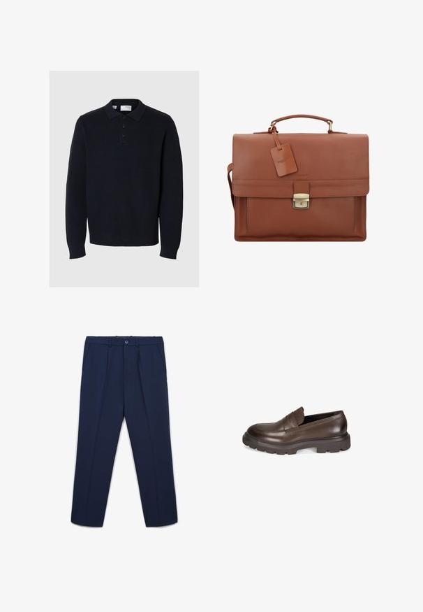 Navy blue knitted pullover with a polo collar, four-button placket, and long sleeves. Features a ribbed texture and straight hem.; Navy blue tailored trousers with front pleats, side pockets, belt loops, and a button closure at the waistband.; Desa Slip-ons - brown; Brown leather briefcase with a flap, top handle, detachable shoulder strap, gold hardware, and a luggage tag featuring brand name.; Silver metal watch with a brushed blue dial, white hour markers, and a date display. Features a linked metallic band and brand logo.