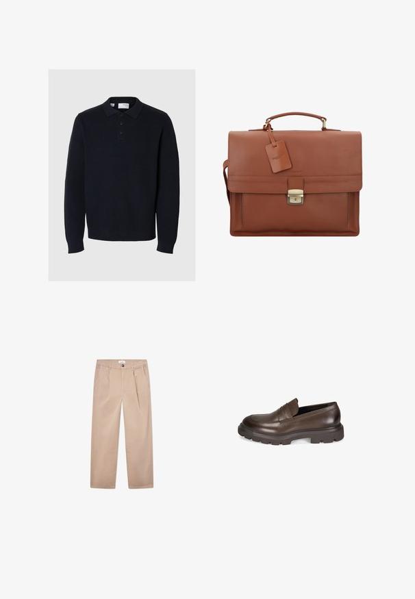 Marineblauwe gebreide pullover met een polo kraag, vierknops sluiting en lange mouwen. Heeft een ribbelstructuur en een rechte zoom.; Khaki broek van katoen met een recht gesneden ontwerp, voorzien van twee zijzakken, een knoopsluiting en een klassieke pasvorm.; Desa Instappers - brown; Bruine leren aktetas met een klep, bovenhandgreep, afneembare schouderband, gouden hardware en een bagagelabel met de merknaam.; Zilveren metalen horloge met een geborstelde blauwe wijzerplaat, witte uurmarkeringen en een datumweergave. Voorzien van een geschakelde metalen band en het logo van het merk.