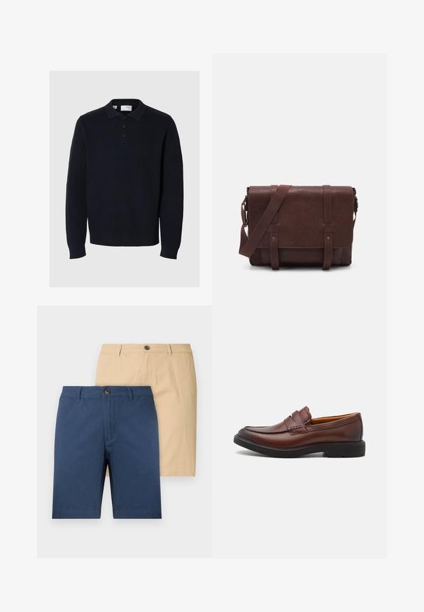 Navy blue knitted pullover with a polo collar, four-button placket, and long sleeves. Features a ribbed texture and straight hem.; Two pairs of shorts: one navy blue and one beige. Made of soft fabric, feature button closures, and a straight cut design.; Brown leather loafers with a rounded toe, decorative stitching, and a black rubber sole. Smooth texture and minimal design details.; Brown leather messenger bag with a flat front flap, two straps, gold hardware accents, and an adjustable shoulder strap.; Silver metal watch with a brushed blue dial, white hour markers, and a date display. Features a linked metallic band and brand logo.
