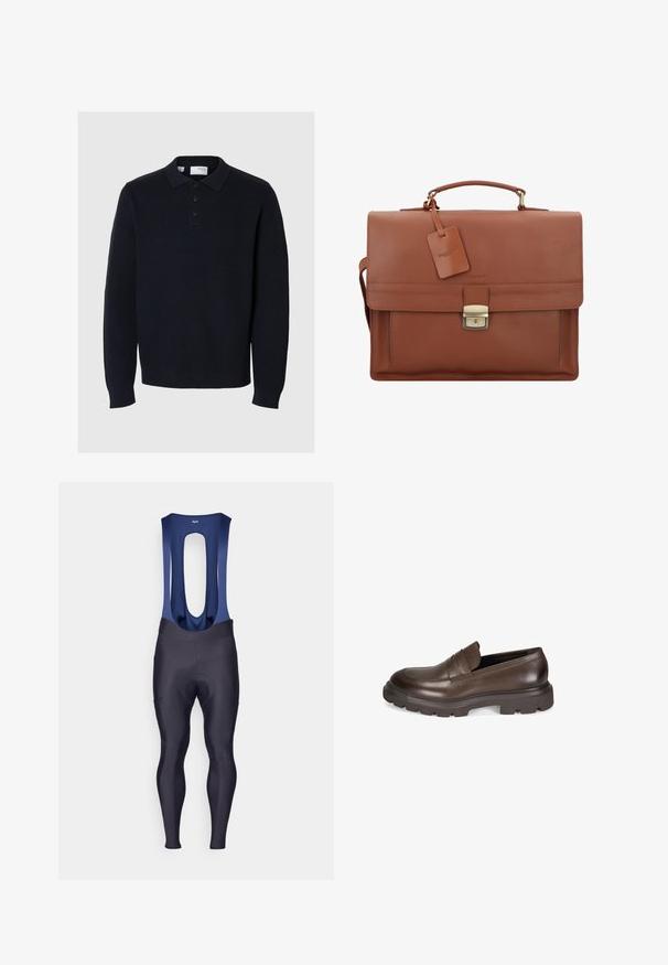 Marineblauwe gebreide pullover met een polo kraag, vierknops sluiting en lange mouwen. Heeft een ribbelstructuur en een rechte zoom.; Rapha MENS CORE WINTER WITH PAD - Tights - dark navy/navy; Desa Instappers - brown; Bruine leren aktetas met een klep, bovenhandgreep, afneembare schouderband, gouden hardware en een bagagelabel met de merknaam.; Zilveren metalen horloge met een geborstelde blauwe wijzerplaat, witte uurmarkeringen en een datumweergave. Voorzien van een geschakelde metalen band en het logo van het merk.