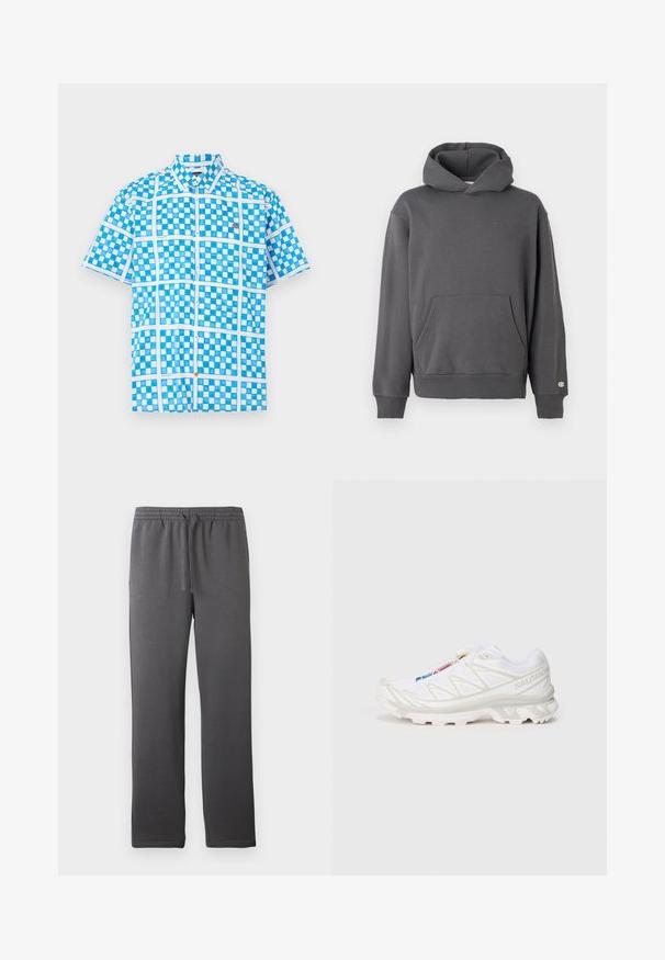 Sweat à capuche gris avec une poche kangourou à l'avant, des poignets côtelés et une capuche à cordon. Présente des détails de logo subtils sur la poitrine.; Chemise à manches courtes de couleur bleu clair avec un motif à carreaux, mettant en avant des accents blancs et un bouton orange près de l'encolure. Fabriquée en tissu léger.; Pantalon de sport gris avec une taille élastique, cordon de serrage et une texture lisse. Dispose d'un design à jambe droite et sans poches visibles.; Basket de sport blanche avec tige en mesh texturé, accents réfléchissants et semelle rembourrée. Logo de marque notable sur le côté.
