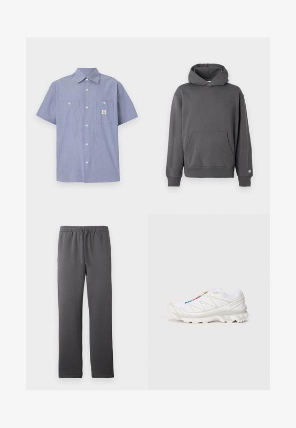 Pelēks sporta krekls ar frontālo kabatu, ribinātām piedurknēm un kapuci ar auklu. Iekļauj smalku logotipa detalizāciju uz krūškurvja.; Gaismas zilas īsām piedurknēm pogājamie krekls ar baltām un oranžām vertikālām svītrām, kura priekšpusē atrodas divas krūšu kabatas un zīmola birka.; Pelēki sporta bikses ar elastīgu jostu, auklu un gludu tekstūru. Satur taisnu kāju dizainu un nav redzamu kabatu.; Balti sporta apavi ar teksturētu sietu augšdaļu, atstarojošiem akcentiem un mīkstu zoli. Izteikts zīmola logotips sānos.