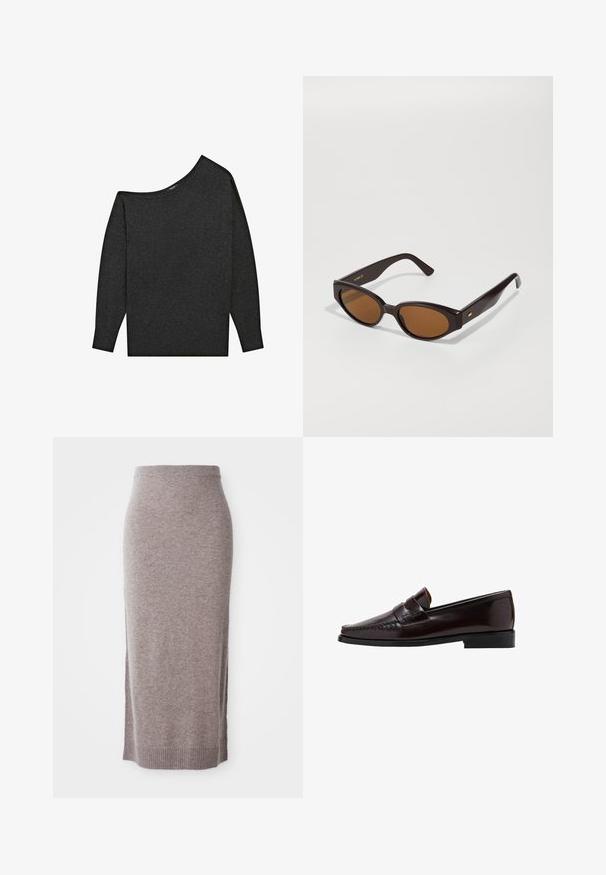 Dunkelgrauer, schulterfreier Pullover aus einem weichen Material. Er hat lange Ärmel und eine lockere Passform mit einem weiten Ausschnitt.; Knielanger, taubefarbener Strick-Bleistiftrock mit geripptem Taillenbund und Saum, der seitliche Schlitze für zusätzlichen Komfort und Stil bietet.; Brauner Lederloafer mit einer Mokassin-artigen Vorderseite, hochgezogener Naht entlang des Vamps und einer niedrigen schwarzen Gummisohle. Glatte, polierte Oberfläche.; Faux Cat-Eye Sonnenbrille mit dunkelbraunen Kunststoffrahmen und braunen Gläsern. Mit goldfarbener Logo-Detailierung an den Bügeln und glatter, glänzender Oberfläche.; Schwarze Leder-Schultertasche mit geschwungener Form, glatter Textur und einem langen, verstellbaren Riemen. Verfügt über ein dezentes Knotendetail und ein minimalistischem Design.