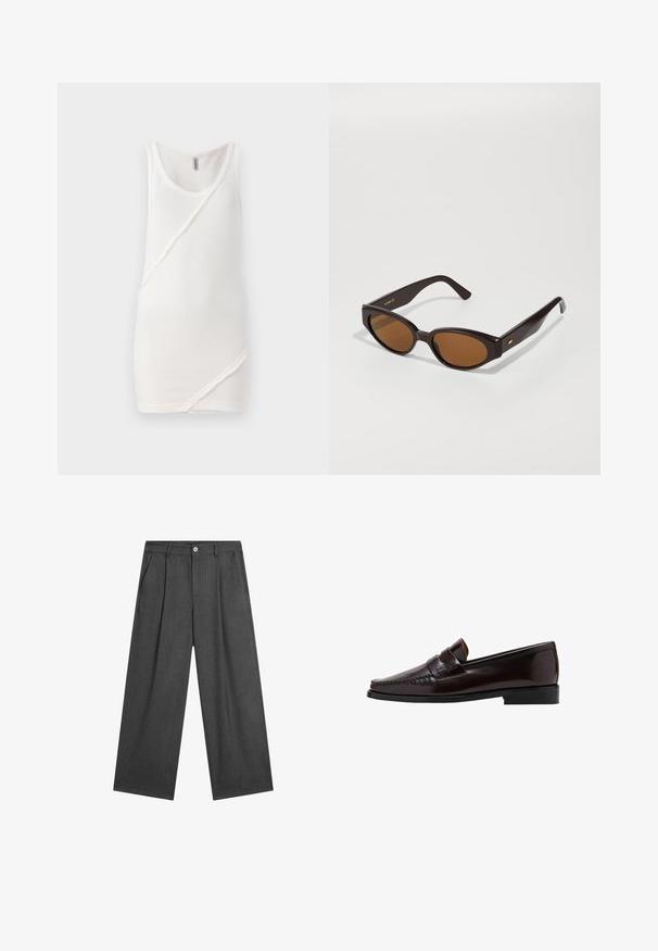 Dunkelgrauer, schulterfreier Pullover aus einem weichen Material. Er hat lange Ärmel und eine lockere Passform mit einem weiten Ausschnitt.; Weißes Tanktop aus geripptem Stoff, mit rundem Ausschnitt und schrägen Nahtdetails an der Vorderseite, sowie rohen Kantenakzenten.; Dunkelgraue, weite Hosen mit dezenten Nadelstreifen, vorderen Falten und einem einzelnen Knopfverschluss am Bund.; Brauner Lederloafer mit einer Mokassin-artigen Vorderseite, hochgezogener Naht entlang des Vamps und einer niedrigen schwarzen Gummisohle. Glatte, polierte Oberfläche.; Faux Cat-Eye Sonnenbrille mit dunkelbraunen Kunststoffrahmen und braunen Gläsern. Mit goldfarbener Logo-Detailierung an den Bügeln und glatter, glänzender Oberfläche.; Schwarze Leder-Schultertasche mit geschwungener Form, glatter Textur und einem langen, verstellbaren Riemen. Verfügt über ein dezentes Knotendetail und ein minimalistischem Design.