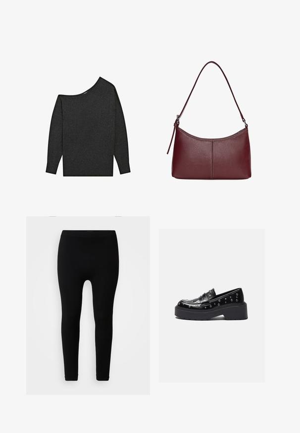 Mørk grå, off-the-shoulder sweater lavet af et blødt materiale. Har lange ærmer og en afslappet pasform med en bred halsudskæring.; Sorte ribbede leggings med høj talje, glat tekstur og ankel-længde, designet til en tætsiddende silhuet.; Sorte læder loafers med sølv nitter, der har en kraftig platformssål og et bredt bånd over vristen. Glat tekstur, afrundet form.; Kastanjebrun læderhåndtaske med en buet form, en enkelt skulderrem og syninger i midten. Glat tekstur, minimal hardware.