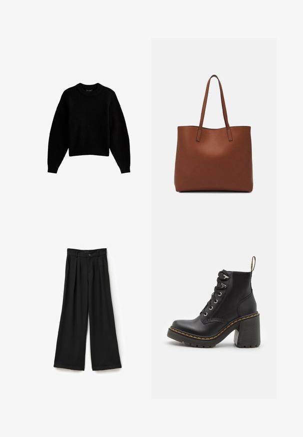 Suéter negro de punto con cuello redondo, mangas largas y un corte holgado. Textura acanalada y detalle en el dobladillo, fabricado con material suave.; Pantalones de pierna ancha negros con una cintura alta, pliegues en la parte frontal y una textura suave. Cierre de botón con lazos para cinturón.; Botín de cuero negro con tacón alto grueso, parte delantera con cordones, ojales de metal y costura amarilla a lo largo de la suela. Suela exterior de goma texturizada.; Bolso tote de cuero marrón con una textura suave, diseño de apertura superior y dos correas para el hombro. Presenta una costura mínima y sin herrajes visibles.