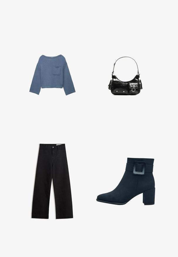 Blauer, gestrickter, langärmeliger, gekürzter Pullover mit weitem Ausschnitt und kleiner Brusttasche auf der linken Seite.; Schwarze weit geschnittene Jeans mit hoher Taille, ausgestattet mit Vorder- und Hintertaschen, gesteppten Nähten und einem Knopfverschluss. Glatte Textur.; Schwarze Wildleder-Ankleboots mit eckiger Zehenpartie und breitem Blockabsatz. Verfügt über einen breiten Riemen mit rechteckiger Schnalle.; Schwarze Lackleder-Handtasche mit geschwungenem Design, einem Schulterriemen, Vordertaschen und silberfarbenen Hardware-Akzenten.