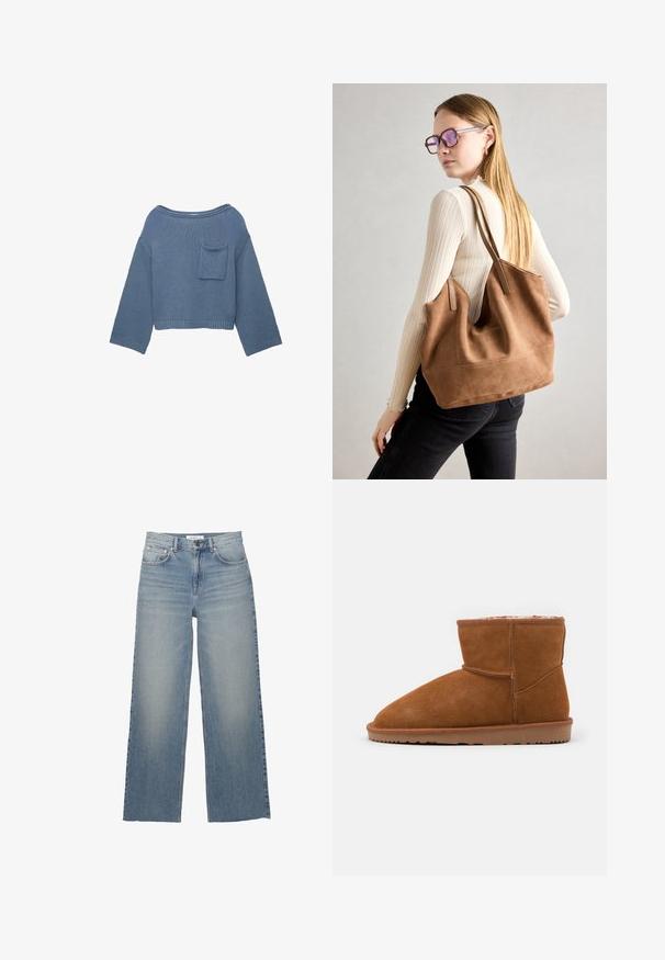Blauwe gebreide lange mouw cropped trui met brede halslijn en een klein borstzakje aan de linkerkant.; Lichtblauwe wijdleg jeans van denim, met een hoge taille, voorzakken en een knoopsluiting. Soepele textuur met vervaagde gebieden.; Bruine suède enkelboot met een ronde neus en zachte voering, voorzien van een platte rubberen zool en minimale stikdetails.; Bruine suède totebag met zachte textuur, grote opening en lange hengsels. Het heeft een eenvoudig ontwerp met zichtbare stiksels en geen hardware.