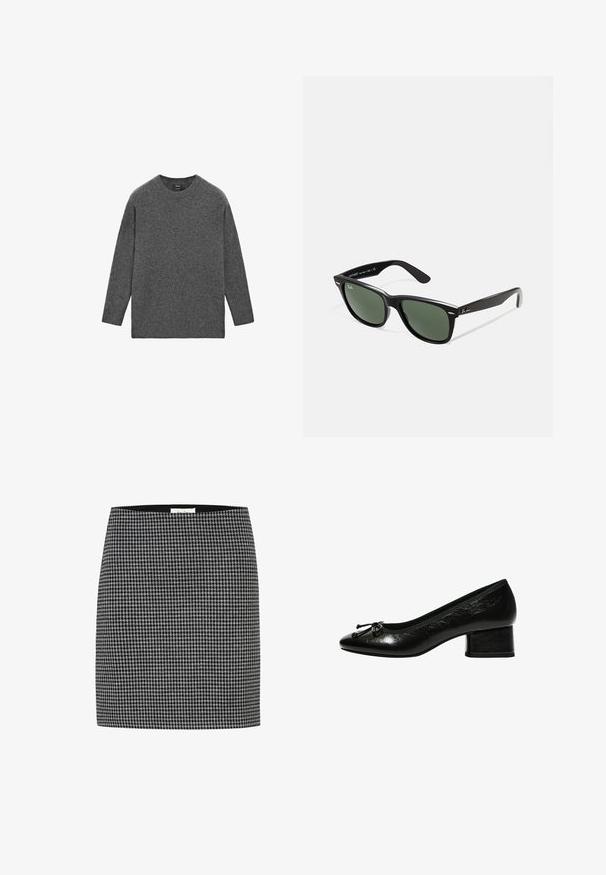 Pull à col rond à manches longues en tricot gris foncé uni avec un ourlet droit et une coupe décontractée.; Jupe en pied-de-poule noir et blanc avec une silhouette ajustée, texture lisse et une taille. Pas de matériel visible ni de motifs autre que le design pied-de-poule.; Escarpin en cuir verni noir avec un bout arrondi, un petit talon carré et un accent nœud à l'avant. Texture lisse avec une finition brillante.; Lunettes de soleil en plastique noir avec verres verts, monture carrée, accent argenté sur le sourcil et branches texturées. Marque indiquée sur l'intérieur de la branche.; Sac à main en cuir bleu marine avec deux longues poignées, un détail de boucle et un porte-clés accroché. Il présente une texture lisse et une forme rectangulaire.
