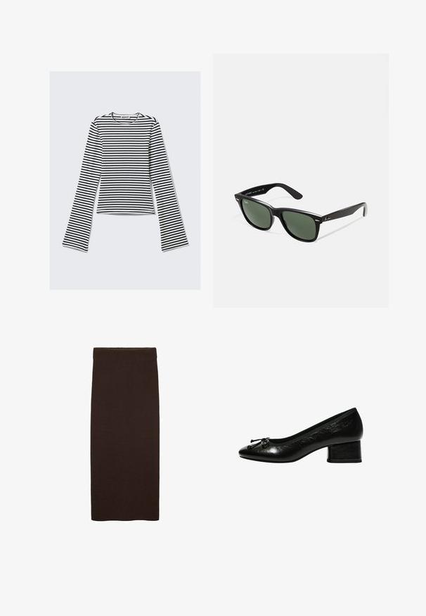 Svetr s dlouhými rukávy a kulatým výstřihem v jednolité tmavě šedé pletenině, rovný lem a uvolněný střih.; Černo-bílý pruhovaný dlouhý rukáv s kulatým výstřihem a přiléhavým střihem. Měkká tkanina s hladkým povrchem.; Hnědá pletená midi sukně s těsným střihem, hladkou texturou, bez viditelných vzorů a jednoduchým, čistým designem bez ozdob.; Černé lakované lodičky s kulatou špičkou, malým blokovým podpatkem a mašlí na přední části. Hladký povrch s lesklým finišem.; Černé plastové sluneční brýle se zelenými skly, čtvercové obroučky, stříbrný detail na obočí a texturované stranice. Značka uvedená na vnitřní straně stranic.; Námořnická kožená kabelka s dvěma dlouhými uchy, detaily s přezkou a připevněným klíčenkou. Vyznačuje se hladkým povrchem a obdélníkovým tvarem.