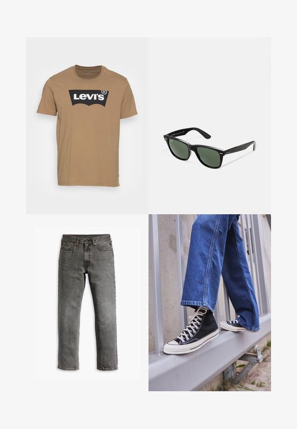Melna kapucēta sudraba jaka, izgatavota no mīksta auduma, ar kengura kabatu, ribinātām piedurknēm un brīvu piegriezumu. Gluda tekstūra, minimālisma dizains.; Levi's® GRAPHIC CREWNECK TEE - Apdrukāts T-krekls - petrified oak; Pelēki džinsi ar taisnu kāju griezumu, piecu kabatu dizainu un misiņa aparatūru aizvēršanai un akcentiem. Redzama nolietota tekstūra.; Melnas augstas kedas ar baltu zoli un auklām, apvienotas ar brīvām zilām džinsām, atpūšoties uz pelēka margotā balsta.; Melnas plastmasas saulesbrilles ar zaļiem lēciem, kvadrātveida rāmjiem, sudrabainu akcentu uz uzacīm un teksturētām tempļu kājām. Zīmols norādīts uz iekšējās kājas.