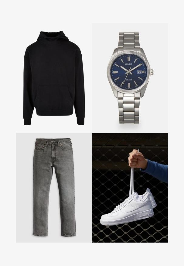 Hanorac negru cu glugă, fabricat dintr-un material moale, dotat cu un buzunar tip cangur, manșete cu nervuri și o croială lejeră. Textură netedă, design minimalist.; Blugi gri din denim, croială cu picior drept, cu cinci buzunare, nituri din cupru și cusături vizibile. Design clasic cu fermoar.; Adidași albaștri din piele cu perforații, vârf rotund, talpă plată și șireturi groase, cu un logo swoosh vizibil și cu inscripția "AIR" pe toc.; Ceas de mână din oțel inoxidabil argintiu cu un cadran albastru marin, marcaje orare metalice și o fereastră pentru dată la ora 3. Rezistent la apă până la 50 de metri.