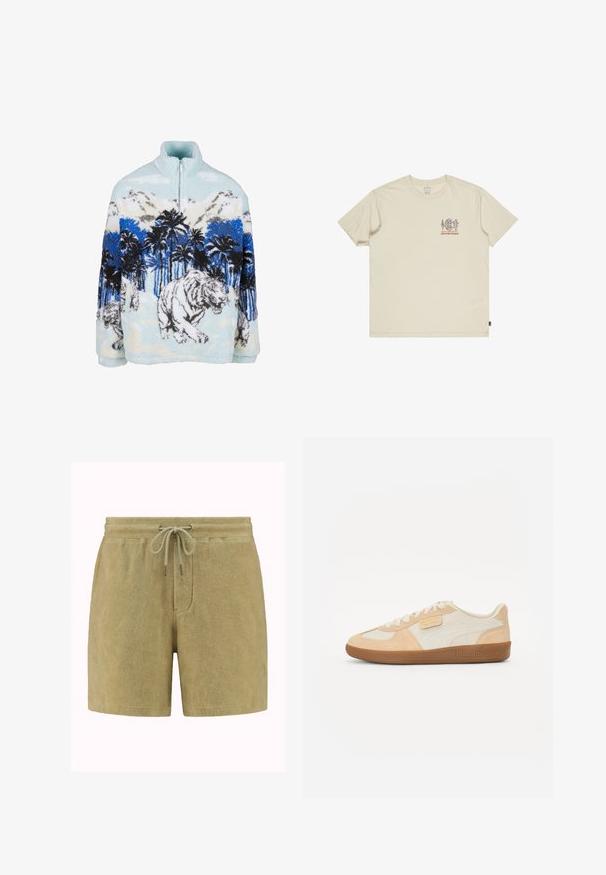 Sudadera de forro polar con cuello alto, que presenta un diseño de tigre azul y blanco entre palmeras y montañas. Textura suave y esponjosa.; Camiseta de algodón beige con un pequeño gráfico multicolor en el pecho. Cuello redondo y mangas cortas. Corte relajado con etiqueta lateral.; Bermudas de toalla en suave tejido verde oliva. Presenta una cintura con cordón ajustable y puntas metálicas, bolsillos laterales y un corte relajado.; Zapatillas beige con parte superior de ante y cuero, que presentan un panel de color crema claro, acentos en tono marrón y una suela de goma texturizada. Logo en el lateral.