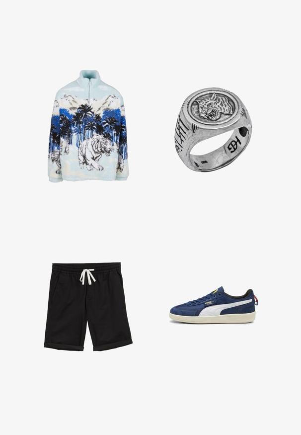 Tyrinė minkštas megztinis su aukštu apykakle, puošniu mėlynos ir baltos spalvų tigro raštu tarp palmų ir kalnų. Minkšta, puri tekstūra.; Balta medvilninė marškinė su trumpomis rankovėmis, apvaliu kaklu ir tiesiu apvadu. Lygus paviršius, minimalistiškas dizainas be raštų ar akcentų.; Juodos šortai su elastingu juosmeniu, balta virvelė, šoninės kišenės ir sukamučiai, pagaminti iš lengvo, lygaus medžiagos.; Mėlyni zomšos sportbačiai su baltais akcentais, raišteliais rišama konstrukcija, apvalus nose, guminis padas, su logotipo etikete ant liežuvio ir raudona kulno juostele.; Sterlingo sidabro žiedas su apvaliu, iškelto tigro graviravimu, tekstūruota juosta su išgraviruotomis linijomis ir lygiu vidiniu paviršiumi.