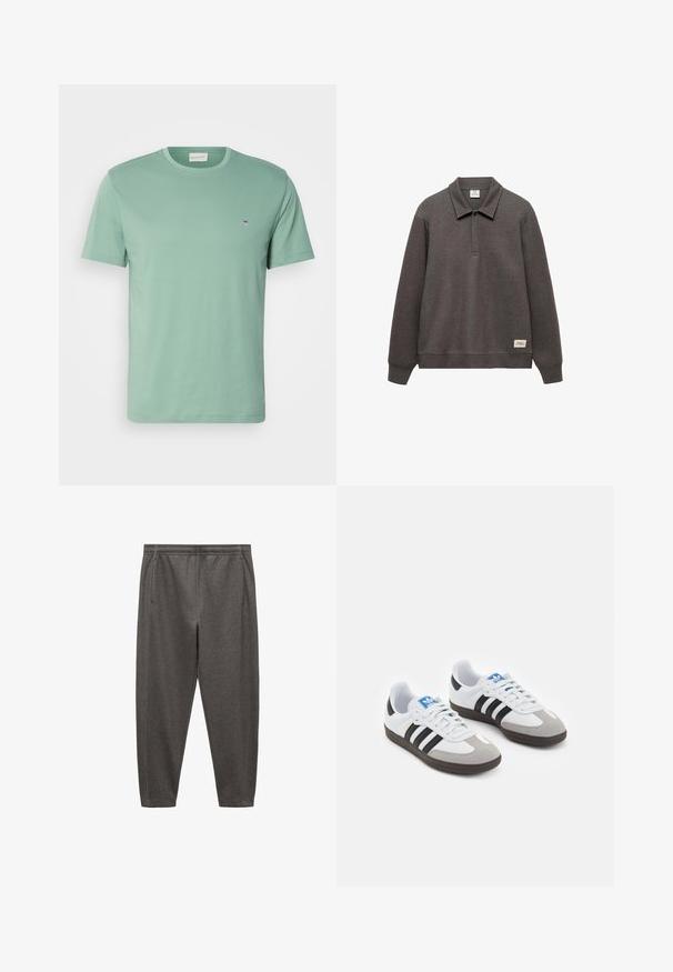 Felpa grigia scura con colletto, maniche lunghe e orlo leggermente corto. Presenta un'etichetta sul lato sinistro inferiore.; T-shirt in cotone verde chiaro con collo rotondo, maniche corte e un piccolo emblema vicino al petto sinistro. Tessuto morbido, vestibilità normale.; Pantaloni da jogging grigi realizzati in tessuto morbido, dotati di elastico in vita, tasche laterali e un design a gamba affusolata.; Scarpe sportive con tomaia in pelle bianca, punta in suede grigia e tre strisce nere. Presentano un logo blu sulla linguetta e una suola in gomma testurizzata.