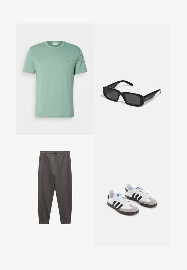 Temno siva pulover majica z ovratnikom, dolgimi rokavi in rahlo skrajšanim robom. Ima oznako na spodnjem levem delu.; Svetlo zelena bombažna majica s krožnim izrezom, kratkimi rokavi in majhnim emblemom blizu levega prsnega dela. Mehka tekstura, običajen kroj.; Sive hlače za jogging iz mehkega blaga, z elastičnim pasom, stranskimi žepi in zoženim dizajnom nog. ; Športni čevlji z belim usnjenim zgornjim delom, sivim semišem na prstih in tremi črnimi črtami. Imajo modro logo na jeziku in teksturiran gumijast podplat.; Arnette THEKIDD UNISEX - Sončna očala - black