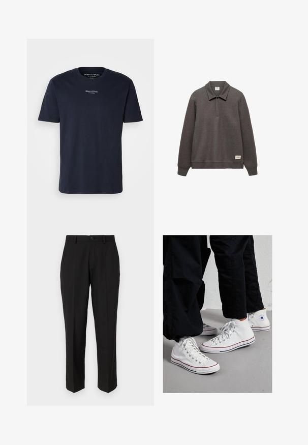 Sweatshirt de culoare gri închis, cu guler, mâneci lungi și un tiv ușor scurtat. Prezintă o etichetă în partea stângă jos.; Tricou din bumbac de culoare bleumarin, cu mâneci scurte, guler rotund, având un text mic cu logo alb pe pieptul superior. Textură netedă, croială regulară.; Pantaloni negri dintr-un material neted, cu un design drept, buzunare frontale, închidere cu un singur nasture și fără modele vizibile.; Tenisi înalți din pânză albă cu talpă din cauciuc, având ochiuri argintii și dungi roșii și bleumarin pe talpă.