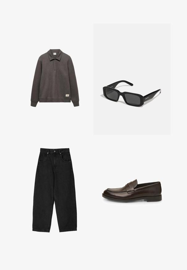 Sweatshirt de culoare gri închis, cu guler, mâneci lungi și un tiv ușor scurtat. Prezintă o etichetă în partea stângă jos.; Pantaloni largi din denim negru cu talie înaltă, dotati cu cinci buzunare, fermoar și închidere cu buton metalic. Textură netedă, detalii minime.; Loafers din piele maro cu o textură netedă, vârf rotund și detalii de cusătură. Dispun de un toc jos, stratificat și design slip-on.; Arnette THEKIDD UNISEX - Ochelari de soare - black