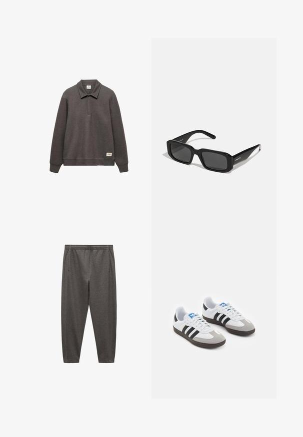 Dark gray pullover sweatshirt with a collared neck, long sleeves, and a slightly cropped hem. Features a tag on the lower left side.; Gray jogger pants made of soft fabric, featuring an elastic waistband, side pockets, and a tapered leg design.; Sport shoes with a white leather upper, gray suede toe, and three black stripes. Features a blue logo on the tongue and a textured rubber sole.; Arnette THEKIDD UNISEX - Sunglasses - black