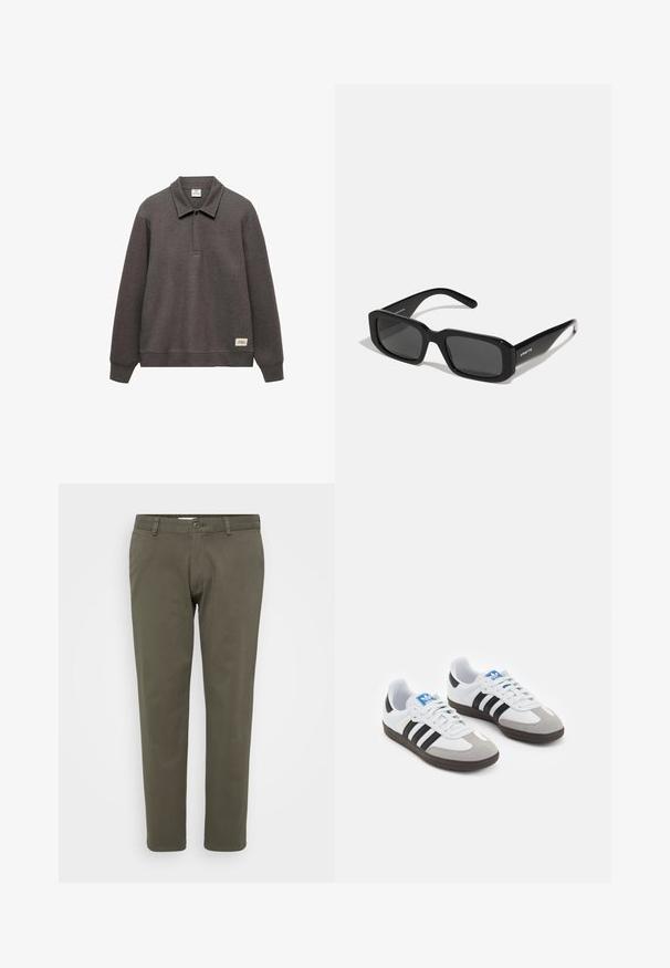 Tamno sivi dukserica s ovratnikom, dugim rukavima i blago skraćenim rubom. Ima oznaku na donjoj lijevoj strani.; Hlače od maslinastozelene boje, izrađene od pamučnog mješavinskog materijala. Pravi kroj s ravnim nogavicama, ravnim prednjim dijelom, kopčanjem na gumb i petljama za pojas. Glatke teksture.; Sportske cipele s gornjištem od bijele kože, sivi suedinasti nos i tri crne pruge. Imaju plavi logo na jeziku i teksturiranu gumenu podlogu.; Arnette THEKIDD UNISEX - Sunčane naočale - black