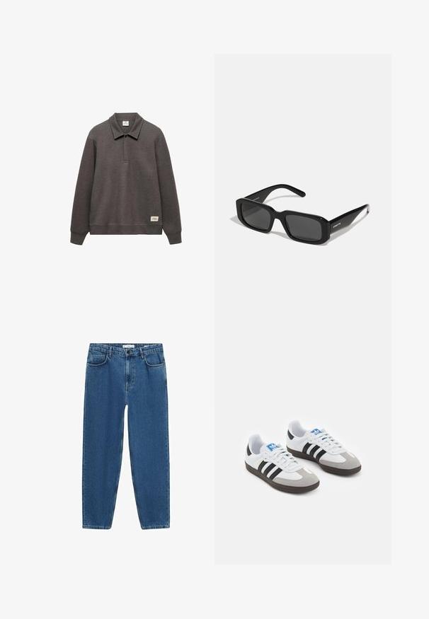 Sweatshirt de culoare gri închis, cu guler, mâneci lungi și un tiv ușor scurtat. Prezintă o etichetă în partea stângă jos.; Jeans din denim de culoare bleu deschis cu un design drept, având un stil clasic cu cinci buzunare și o închidere cu nasture la talie.; Încălțăminte sport cu un superior din piele albă, vârf din suede gri și trei dungi negre. Prezintă un logo albastru pe limbă și o talpă din cauciuc texturat.; Arnette THEKIDD UNISEX - Ochelari de soare - black