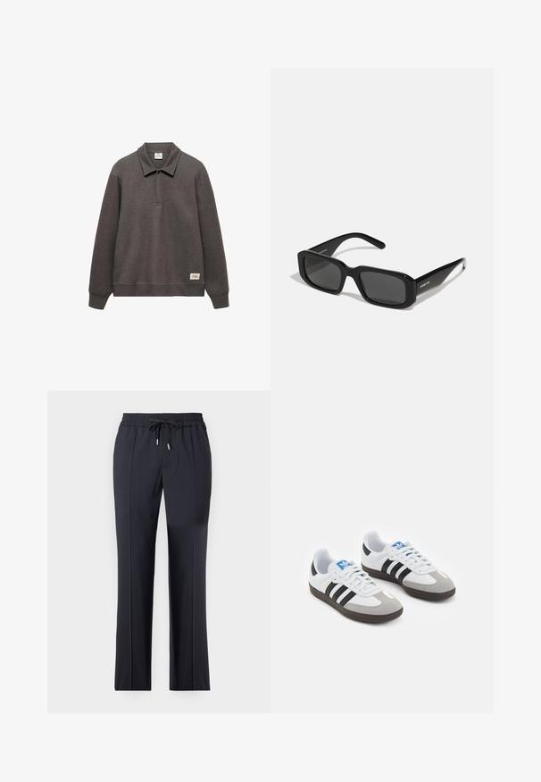 Donkergrijs pullover sweatshirt met een kraag, lange mouwen en een licht cropped zoom. Bevat een label aan de linksonderkant.; Zwarte, rekbare broek met een elastische tailleband en trekkoord. Rechte snit met zijzakken en een gladde, zachte textuur.; Sportschoenen met een witte leren bovenkant, grijze suède neus en drie zwarte strepen. Bevat een blauw logo op de tong en een gestructureerde rubberen zool.; Arnette THEKIDD UNISEX - Zonnebril - black