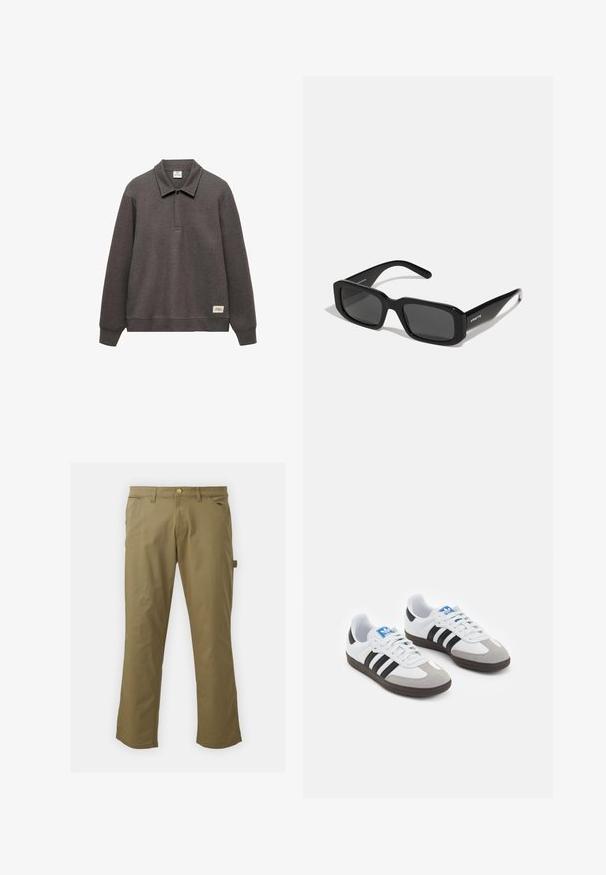 Felpa grigia scura con colletto, maniche lunghe e orlo leggermente corto. Presenta un'etichetta sul lato sinistro inferiore.; Pantaloni khaki realizzati in tessuto morbido, con chiusura a bottone, passanti per cintura, due tasche frontali e una tasca laterale, con design a gamba dritta.; Scarpe sportive con tomaia in pelle bianca, punta in suede grigia e tre strisce nere. Presentano un logo blu sulla linguetta e una suola in gomma testurizzata.; Arnette THEKIDD UNISEX - Occhiali da sole - black