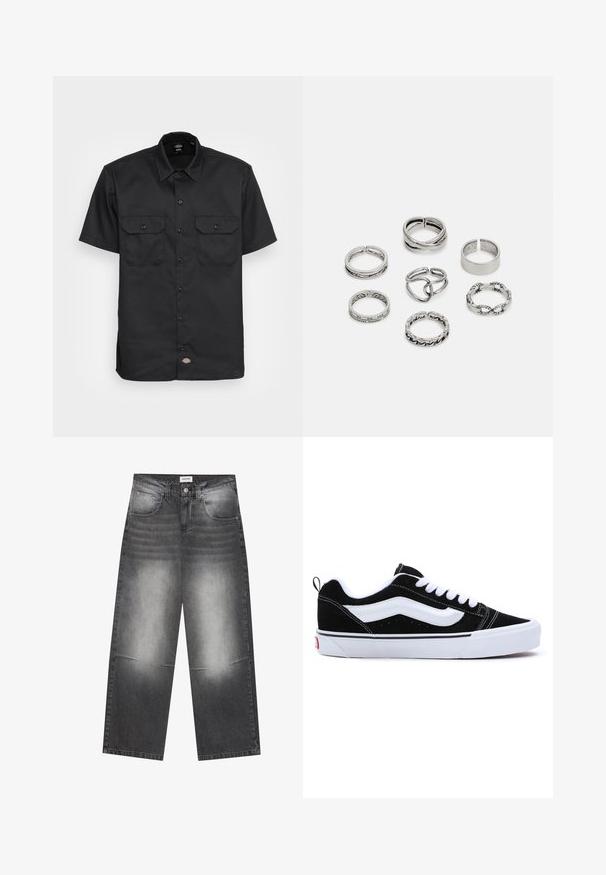 Musta vetoketjuhuppari, joka on valmistettu puuvillasekoitteesta. Sen etuosassa on suuri hopeinen graafinen teksti, kengurutasku ja nyörillinen huppu.; Mustapaita lyhyillä hihoilla, valmistettu sileästä kankaasta; siinä on kaksi rintataskua läpällä ja nappikiinnityksellä, sekä klassinen kaulus.; Harmaa puuvillainen t-paita, jossa on pyöreä pääntie, lyhyet hihat ja yksinkertainen muotoilu. Paita on pehmeä ja sileä, eikä siinä ole näkyviä kuvioita tai koristeita.; Lahti mustat farkut, joissa on leveä lahje ja haalistunut harmaa viimeistely, edessä taskut, napitus ja lievää kulumista polvissa.; Mustat mokkasandaalit valkoisilla yksityiskohdilla, matala malli, nauhakiristys ja paksu valkoinen kumipohja. Brändilogo kantapäällä.; Setti seitsemän hopeasormusta, joissa on erilaisia muotoiluja, kuten kierrettyjä, linkitettyjä ja kaiverruksilla varustettuja kuvioita. Eri muotoja ja leveydet.