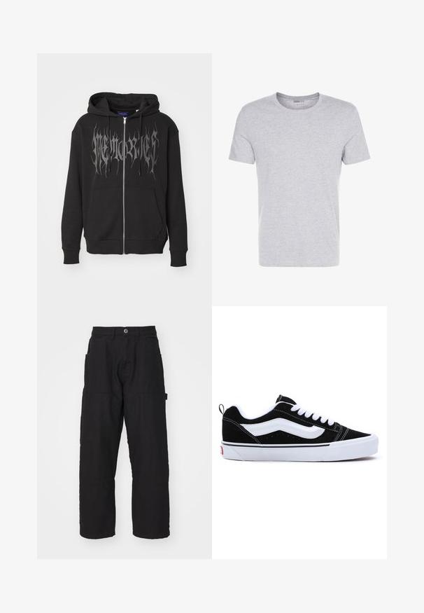 Sweat à capuche zippé noir en mélange de coton. Il comporte un grand texte graphique argenté à l'avant, une poche kangourou et un cordon de serrage pour la capuche.; T-shirt en coton gris avec un col rond, des manches courtes et un design sobre, offrant une texture douce et lisse sans motifs ni embellissements visibles.; Pantalons cargo noirs à coupe droite, dotés de plusieurs poches et d'une fermeture à bouton. Fabriqués en tissu en coton durable avec des coutures visibles.; Baskets en daim noir avec des accents blancs, présentant un design à tige basse, un laçage et une épaisse semelle en caoutchouc blanc. Logo de la marque au niveau du talon.