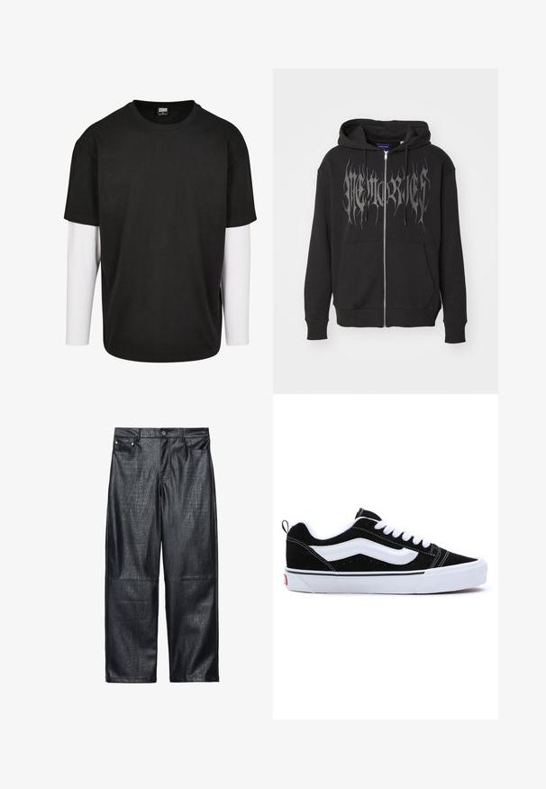 Crni dukserica sa zatvaračem napravljena od mješavine pamuka. Ima veliki srebrni grafički natpis na prednjoj strani, kengurudan žep i kapuljaču sa vezicom.; Crna majica kratkih rukava s bijelim dugim rukavima ispod. Izrađena od pamuka s okruglim izrezom i opuštenim krojem.; Crne hlače širokih nogavica od umjetne kože s uzorkom krokodila, tradicionalni dizajn s pet džepova te detaljima od srebrnastog tona na dugmetu i zakovicama.; Crne nubuk tenisice s bijelim detaljima, s niskim dizajnom, zatvorenjem na vezanje i debelim bijelim gumom na potplatu. Branded logo na peti.