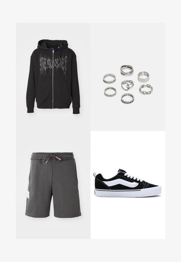 Juodas užtraukiamas džemperis, pagamintas iš medvilnės mišinio. Yra didelis sidabrinis grafikos tekstas priekyje, kengūros tipo kišenė ir raištelių kapuce.; Pilki sportiniai šortai su elastine juosta ir raišteliu. Yra šoninės kišenės ir audinio etiketė kairėje pusėje. Lengva medžiaga.; Juodi suede sportbačiai su baltais akcentais, turintys žemą fasoną, užrišamus raištelius ir storą baltą guminiu padais. Prekės ženklo logotipas ant kulno.; Septyni sidabriniai žiedai, nusprendti įvairiais dizainais, įskaitant susuktus, susietus ir raižytus raštus. Skirtingos formos ir pločiai.