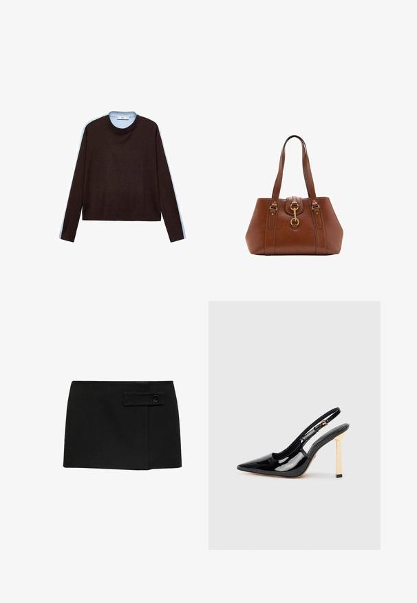 Dunkelbrauner Langarm-Pullover mit Rundhalsausschnitt und gerippten Bündchen sowie Saum, präsentiert auf einem weißen Hintergrund.; Schwarzer Minirock mit glatter Textur, der über eine seitliche Klapptasche und einen schwarzen Knopfakzent auf der Vorderseite verfügt.; Schwarze patentierte Slingback-Pumps mit spitzer Nase und goldfarbigem quadratischem Absatz. Mit verstellbarem Knöchelriemen.; Braune Lederhandtasche mit doppelt tragegriffen, runder Form, goldenen Beschlägen und einem zentralen Schnallen-Detail. Glatte Textur mit genähten Akzenten.