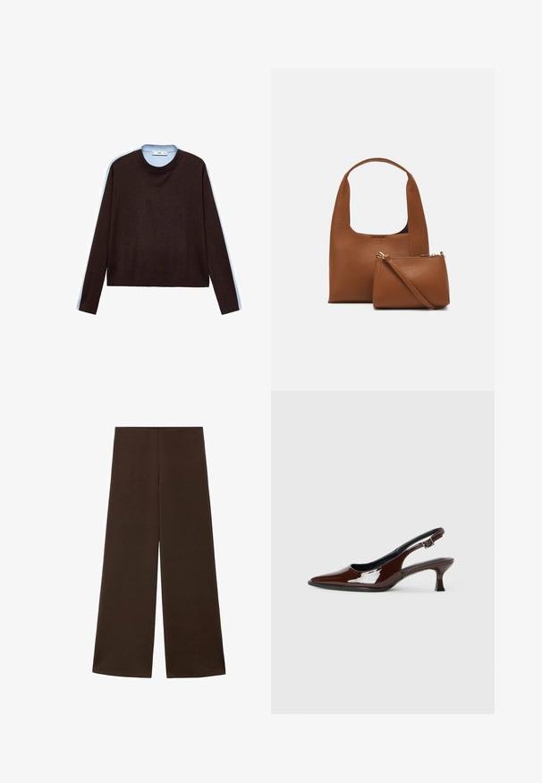 Dunkelbrauner Langarm-Pullover mit Rundhalsausschnitt und gerippten Bündchen sowie Saum, präsentiert auf einem weißen Hintergrund.; Weite Hosen aus einem glatten, dunkelbraunen Stoff. Sie haben einen hohen Bund und ein minimalistisches Design ohne Verzierungen.; Braune Lackleder-Slingback-Schuhe mit spitzer Zehe und moderatem Absatz. Mit einem Schnallenriemen für einen sicheren Sitz. Glatte Textur.; Braune synthetische Handtasche mit einem geschwungenen Griff und einer glatten Textur. Enthält ein passendes kleines Täschchen mit Reißverschluss. Minimalistisches Design.