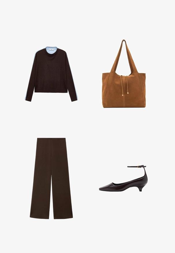 Pulover lung cu mâneci lungi de culoare maro închis, cu guler tip crewneck și manșete și tiv cu nervuri, expus pe un fundal alb.; Pantaloni largi confecționați dintr-un material neted, de culoare brun închis. Prezintă o talie înaltă și un design minimalist, fără embellishments.; Pantofii din piele de culoare maro închis, cu vârful ascuțit și toc kitten, sunt prevăzuți cu o curea subțire pentru glezna piciorului și o cataramă mică aurie.; Geantă tote din suede maro cu două mânere lungi, închidere prin șnur și un design minimalistic. Textură netedă și fără accente vizibile de hardură.