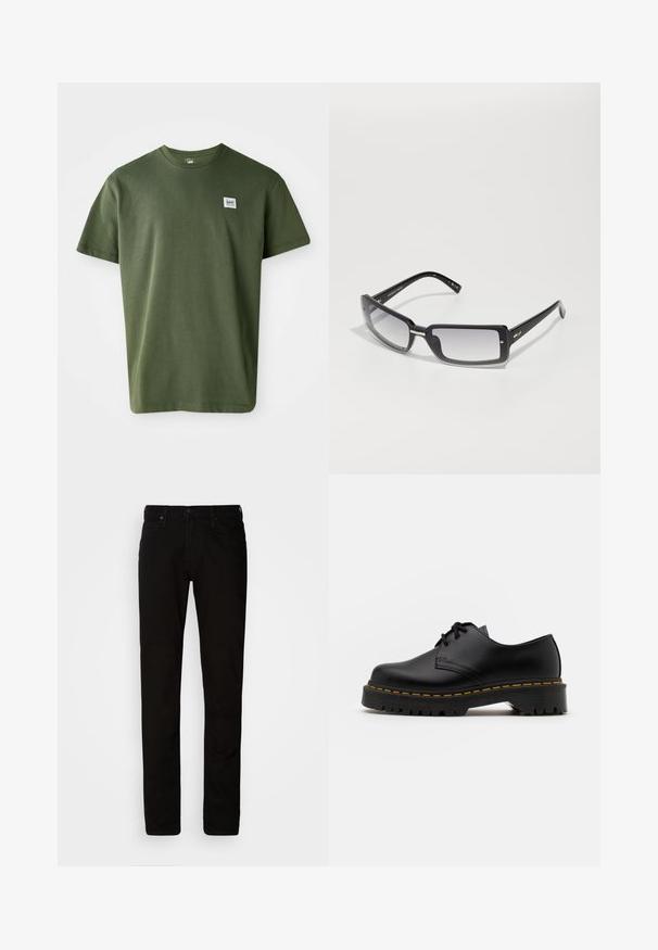 Maglione marrone senza maniche in maglia, con scollo rotondo, bordi a coste e texture morbida; etichetta con la scritta "WEEKDAY".; T-shirt in cotone verde oliva con collo a giro, maniche corte e una piccola etichetta con logo sul petto sinistro. Tessuto liscio, vestibilità comoda.; Chino in cotone nero con vestibilità slim, chiusura con bottone superiore e design a cinque tasche. Presenta passanti per cintura e una texture liscia e uniforme.; Scarpa nera in pelle con lacci, punta arrotondata, suola in gomma texturizzata e cuciture gialle attorno alla base. Design piatto e finitura liscia.; Occhiali da sole rettangolari neri con lenti sfumate, dotati di un ampio telaio e dettagli in metallo sugli steli. Texture liscia su tutta la superficie.