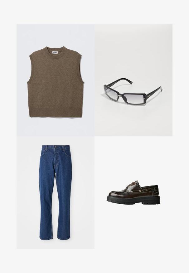 Barna ujjatlan kötött pulóver kerek nyakkivágással, bordázott szegélyekkel és puha tapintással; a címkén a "WEEKDAY" felirat olvasható.; Kék farmernadrág egyenes szabással, öt zsebbel és strapabíró derékkal, mely fémből készült gombbal záródik.; Barna bőr csónakcipő, gumitalppal, varrási részletekkel, fém fűzőlyukakkal és fűzős kialakítással. Masszív, könnyű szerkezet.; Fekete, téglalap alakú napszemüveg, átmeneti lencsékkel, vastag kerettel és fém díszítésekkel a szárakon. Az egész felülete sima.