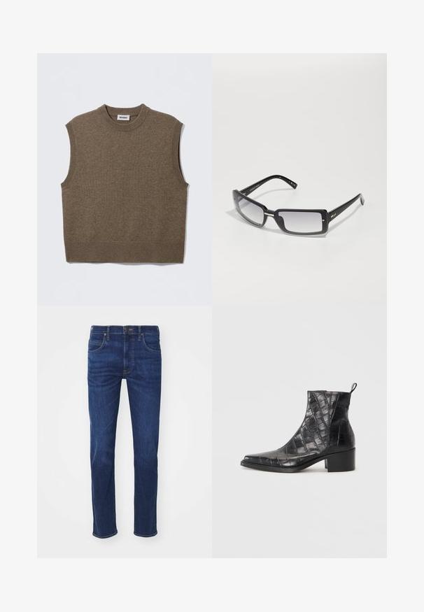 Rudas rankovių megztinis be rankovių, apvaliu kaklu, su briaunotais kraštais ir minkšta tekstūra; etiketėje užrašyta „WEEKDAY“.; Mėlynos džinsinės kelnės su tiesiomis kojomis, penkiais kišenėmis ir mygtukų uždarymu. Audinys yra lygus su šviesiu dėvėjimu.; Juodi aulinukai, pagaminti iš tekstūrinės dirbtinės odos su krokodilo raštu, turintys kvadratinį pirštą ir storą kulną.; Juodų stačiakampių saulės akinių su gradientiniu lęšiu, turinčių storą rėmelį ir metalinius akcentus ant kojelių. Visoje apieje glotni tekstūra.