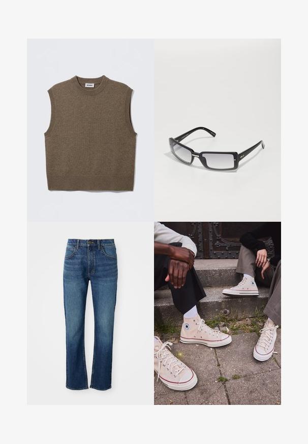 Brun ärmlös stickad tröja med rund halsringning, ribbade kanter och mjuk struktur; etiketten säger "WEEKDAY."; Blå denimjeans med rak bendesign, som har fem fickor, knappgylf och kontrasterande gula sömmar. Slät textur.; Höga beige kanvas sneakers med röd rand, vit gummisula och metallhål, som har den ikoniska stjärnlogotypen på sidan.; Svarta rektangulära solglasögon med graduerade linser, med en tjock ram och metallaccentdetaljer på bågarna. Slät yta genom hela.