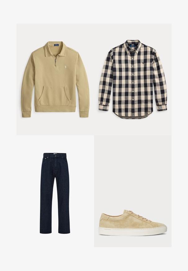 Bēša garroku krekla džemperis ar ceturtās daļas rāvējslēdzēju, apkakli, priekšējo kabatu un mazu baltu izšūtu Polo Ralph Lauren logotipu kreisajā krūtīs.; Beigā un tumši zilā pleda pogājama krekls no kokvilnas materiāla, ar garām piedurknēm, vienu kabatu uz krūtīm, klasisks apkaklis un izliekts apakšmala.; Tumši zila džinsa auduma bikses ar augstu jostasvietu, taisnām plašām kājām, priekšējām kabatām un metālisku pogu aizdari. Klasiska piecu kabatu dizains.; Bēša zamšāda sporta apavi ar zemu profilu, apaļu purngalu un bēšām auklām. Aprīkoti ar baltu gumijas zoli un diskrētu zīmolu apzīmējumu sānos.