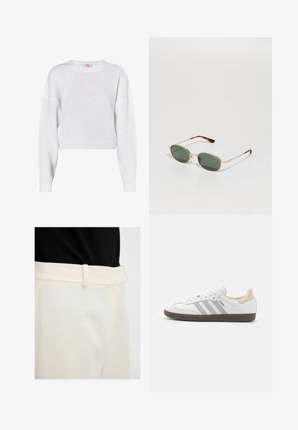 Maglione bianco lavorato a maglia con scollo rotondo, design corto, orlo a coste e maniche lunghe ampie. Tessuto testurizzato con trama aperta.; Pantaloni beige con una texture liscia, dotati di una vita piana e passanti per la cintura. Il tessuto appare leggero e leggermente lucido.; adidas Originals SAMBA OG - Sneakers basse - core white/grey two/cream white; Occhiali da sole ovali con lenti verde scuro. Montatura in metallo color oro e accenti in tartaruga marrone sulle tempie. Design minimalista.