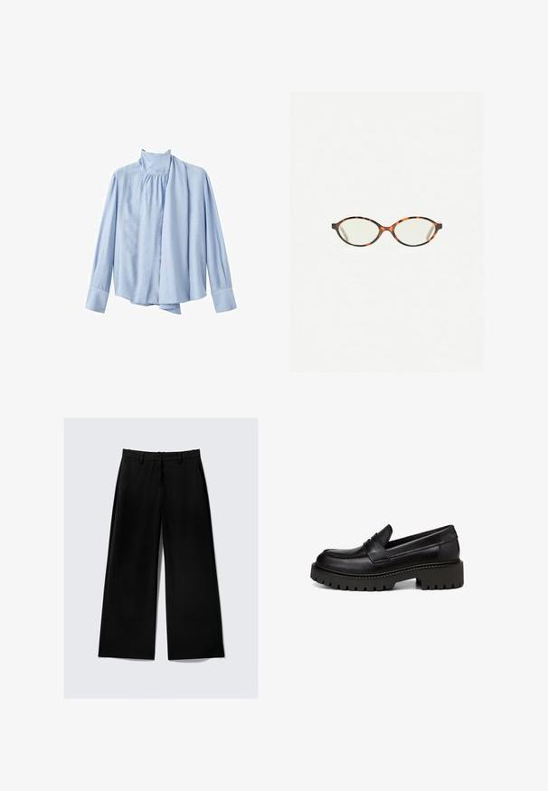 Czarnoszary, oversize sweter z głębokim dekoltem w kształcie litery V, szerokimi rękawami i prążkowanym wykończeniem. Miękka tekstura i luźny krój. Brak widocznych wzorów i elementów metalowych.; Jasnoniebieska bluzka z długim rękawem wykonana z gładkiego materiału. Posiada wysoki kołnierz oraz drapowaną chustę z przodu. Manżety zapinane na guziki.; Czarne spodnie o szerokich nogawkach, z kieszeniami bocznymi, szlufkami na pasek i zapięciem na suwak z przodu, na jednolitym jasnym tle.; Marc O'Polo - Półbuty wsuwane; Okulary w kolorze tortoiseshell z owalnymi soczewkami i gładkim, eleganckim wykończeniem. Posiadają cienkie boki z delikatnym łukiem w okolicy skroni. Przezroczyste soczewki.