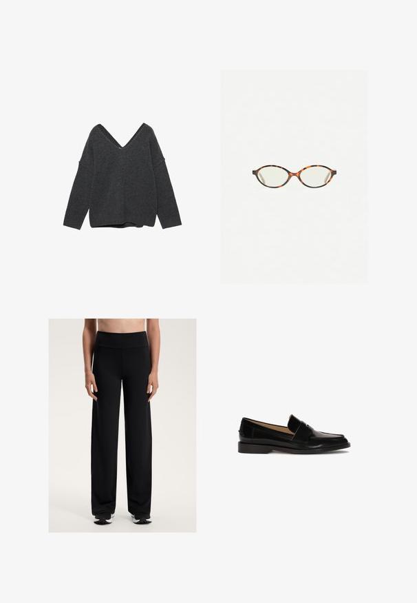Donkergrijs oversized sweater met een diepe V-hals, wijde mouwen en geribbelde zoom. Zachte textuur en losse fit. Geen patronen of hardware zichtbaar.; Zwarte zware sportbroek met een hoge tailleband. Gemaakt van glad, rekbaar materiaal, met een comfortabele pasvorm en een subtiele textuur.; Zwarte leren instappers met een gladde afwerking, ronde neus en een decoratief bandje over de voorkant. Ontwerp met lage blokhak.; Kattenoogbril met ovale lenzen en een strakke, gladde afwerking. Heeft dunne zijkanten met een subtiele kromming bij de slapen. Transparante lenzen.
